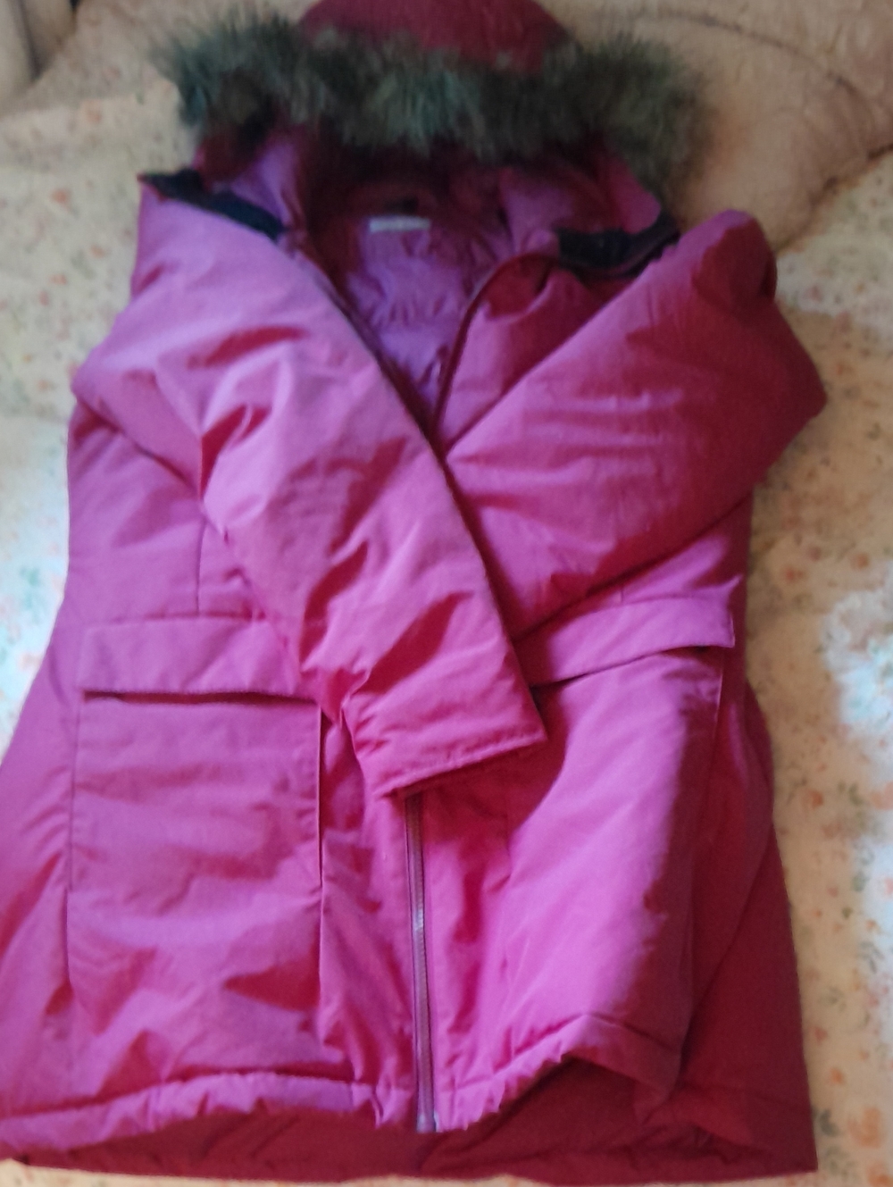 adidas Pink Womens Puffer Coat with Faux Fur Hood